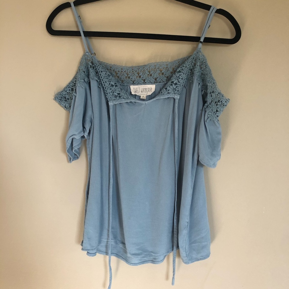 Blue lace off shoulder blouse